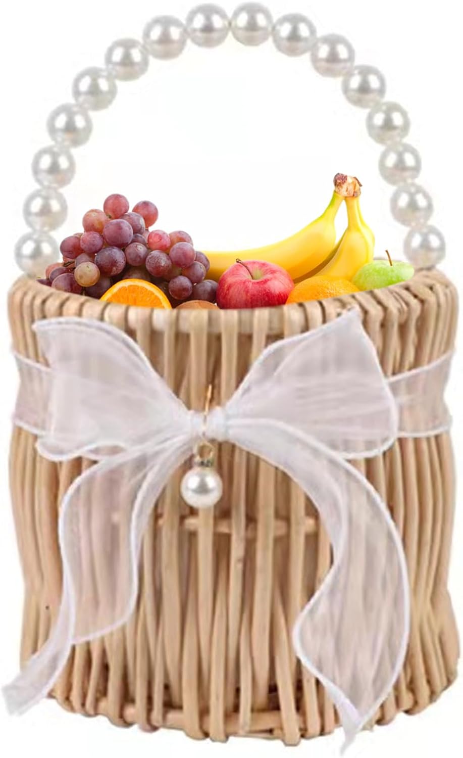 Wicker Rattan Basket with Handle Flower Girl Basket Pearls Willow Woven Baskets for Wedding Home Garden Decoration