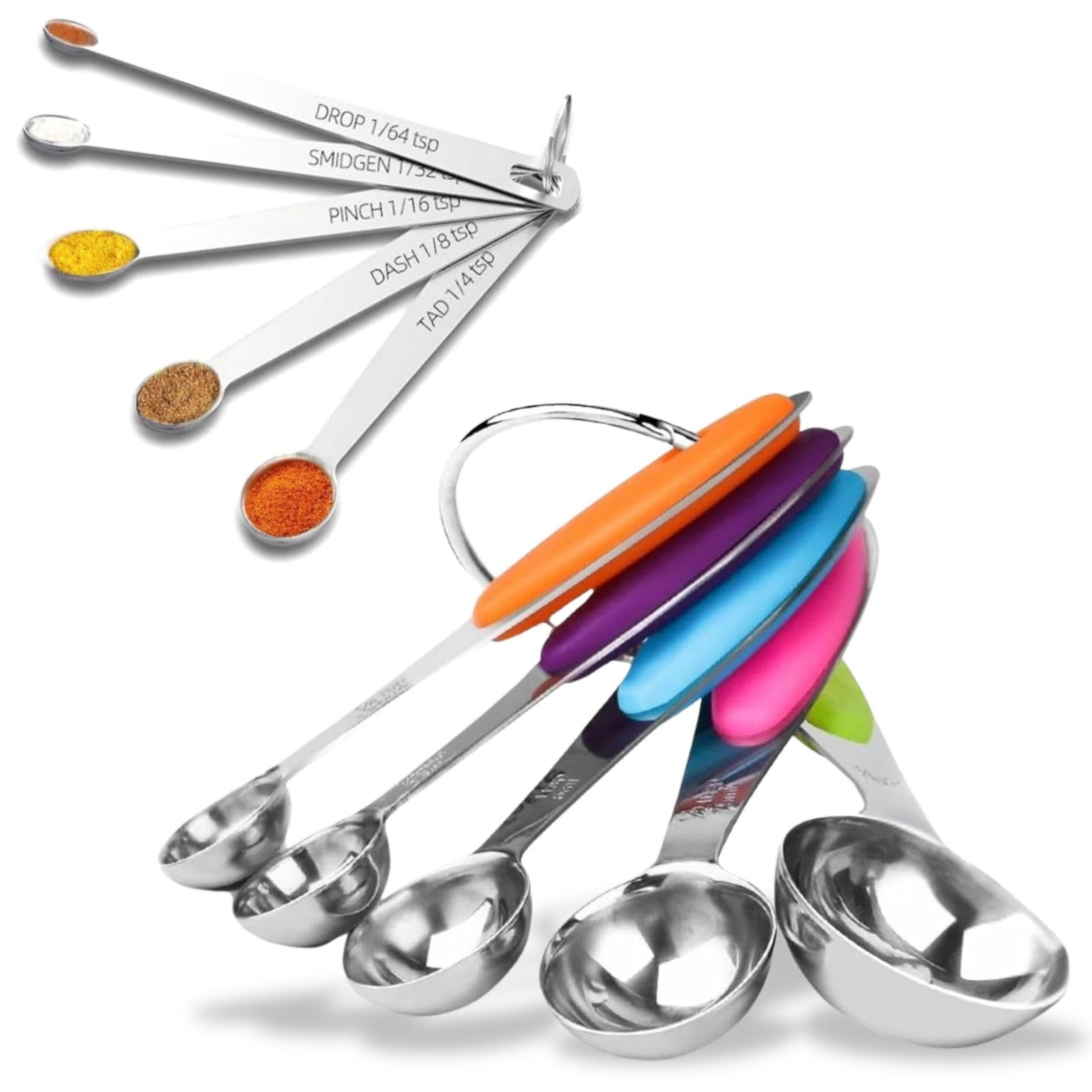 10 Pcs Measuring Spoons Set, Includes 5 Stainless Steel Spoons with Silicone Handles and 5 Mini Measuring Spoons, Stackable Kitchen Gadgets for Cooking & Baking