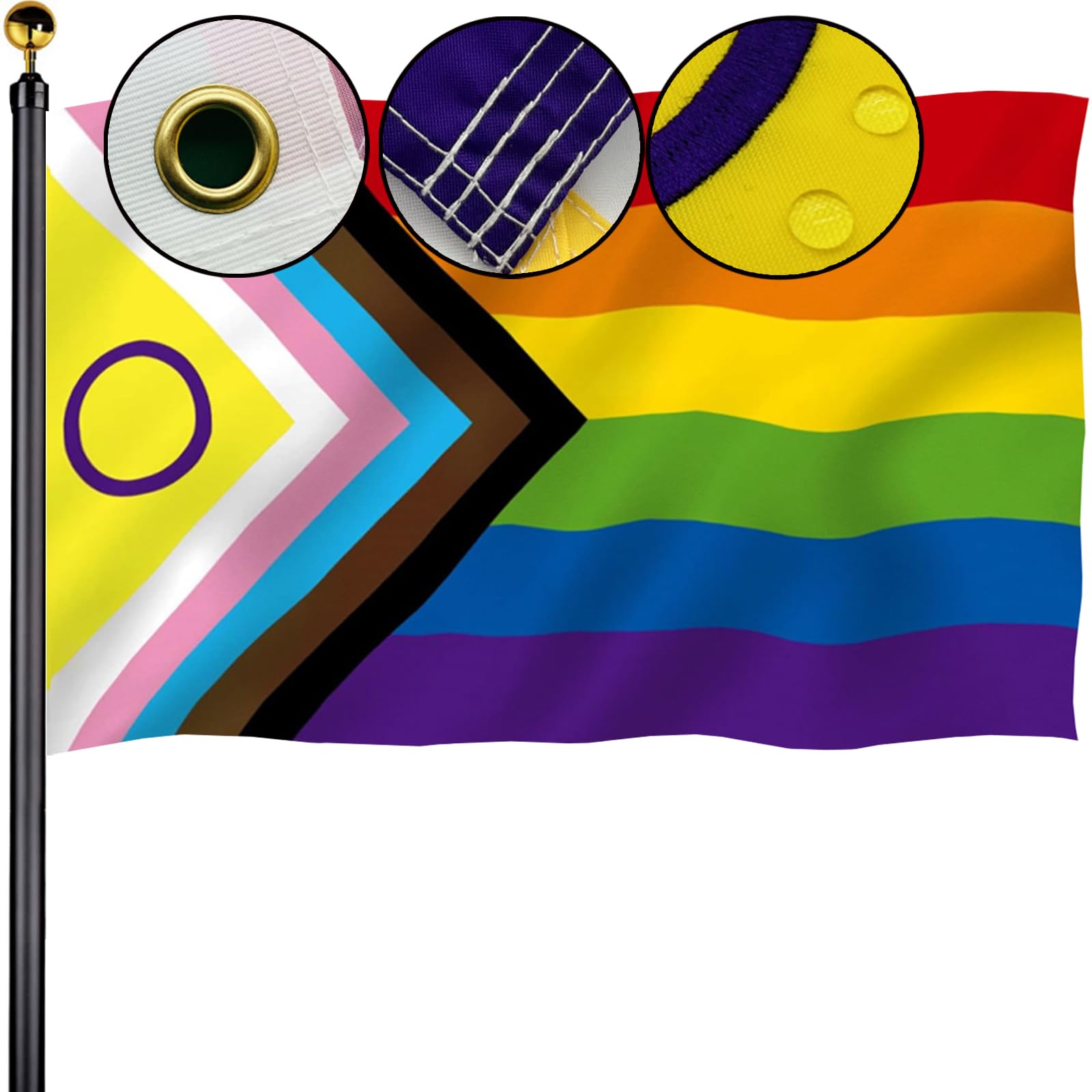 Intersex Progress Pride Flags 3x5 Outdoor - Embroidered Circle and Sewn Stripes Inclusive Lesbian Gay Bisexual Transgender Rainbow Flag for Outside with 2 Brass Grommets UV protection Fade Resistant