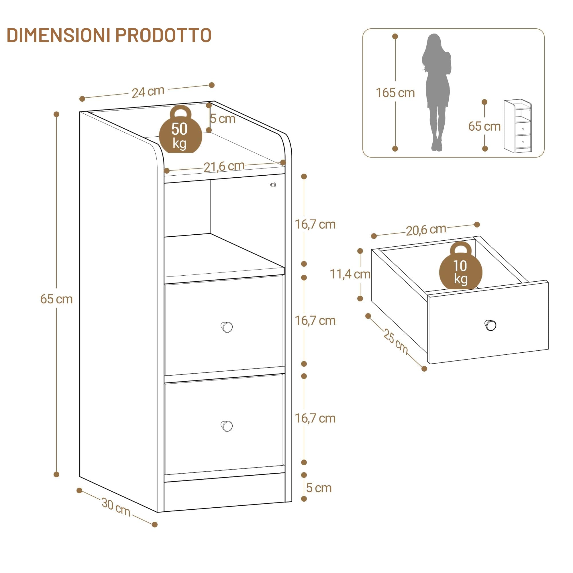 Hzuaneri Comodino Set di 2, Tavolino Stretto con 2 Cassetti, comodino con protezione superiore, per spazi ristretti, per Camera da Letto, Soggiorno, 30 x 24 x 65 cm, Bianco con venature del legno