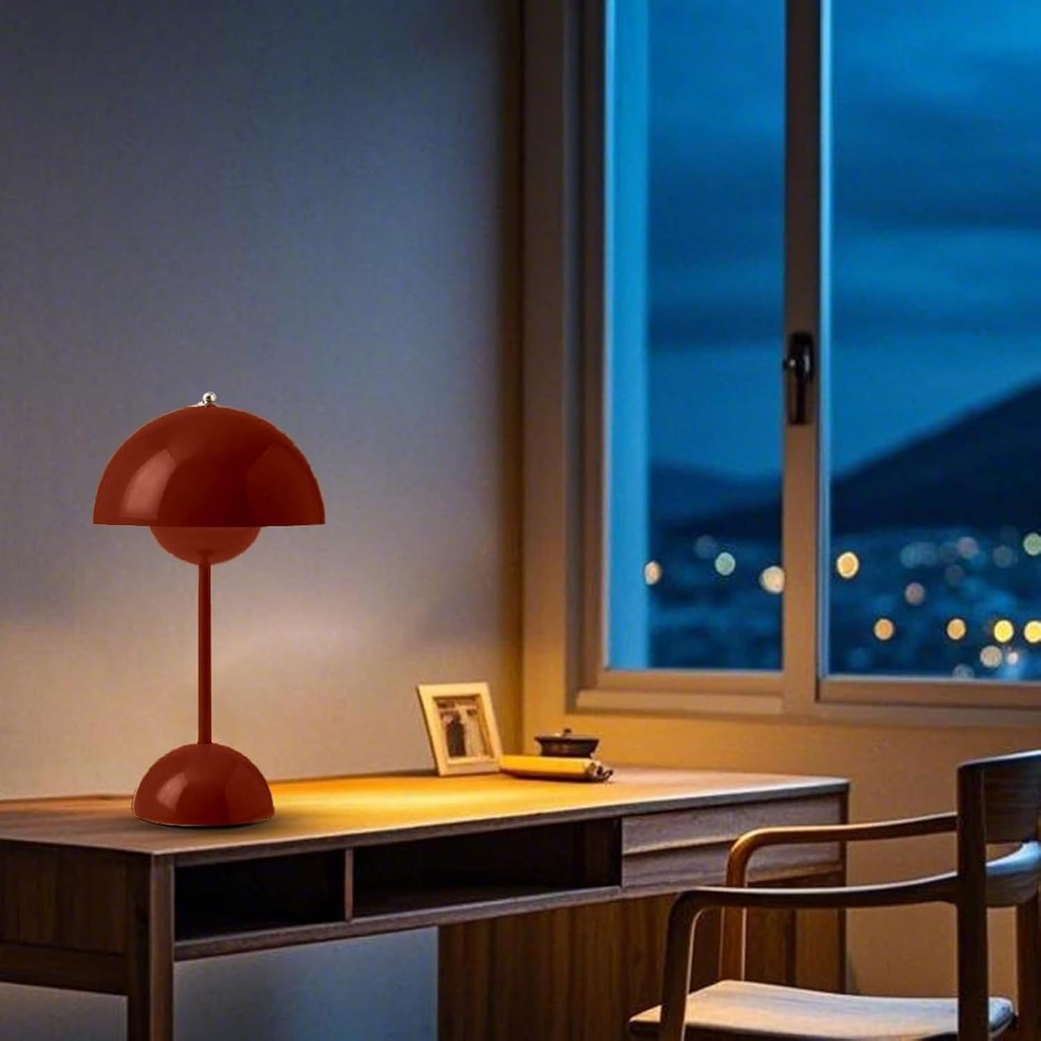 Simple Designs Mushroom Small Table Lamps,Portable Flower Bud LED Touch Stick Lamp,Rechargeable Iron Integrated Bedside Desk Nightstand Lamp for Bedroom Living Room(6.3 * 6.3 * 11.6inches, Red)