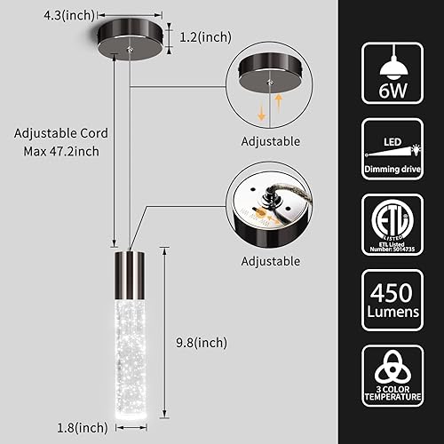 Miniatura 5 de OKELI Lámparas colgantes modernas, 3 colores LED de burbujas de cristal para isla, mini iluminación colgante negra para isla de cocina, bar, 6W,