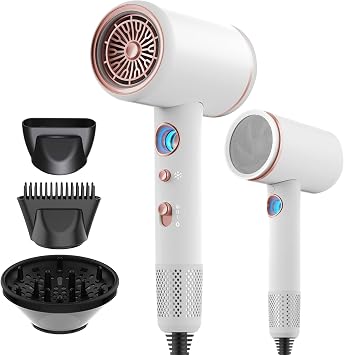 Hair Dryer, Professional Ionic Hair Dryer, Powerful 2200W Fast Drying Low Noise Blow Dryer with 2 Concentrator Nozzle 1 Diffuser Attachments for Women and Men White