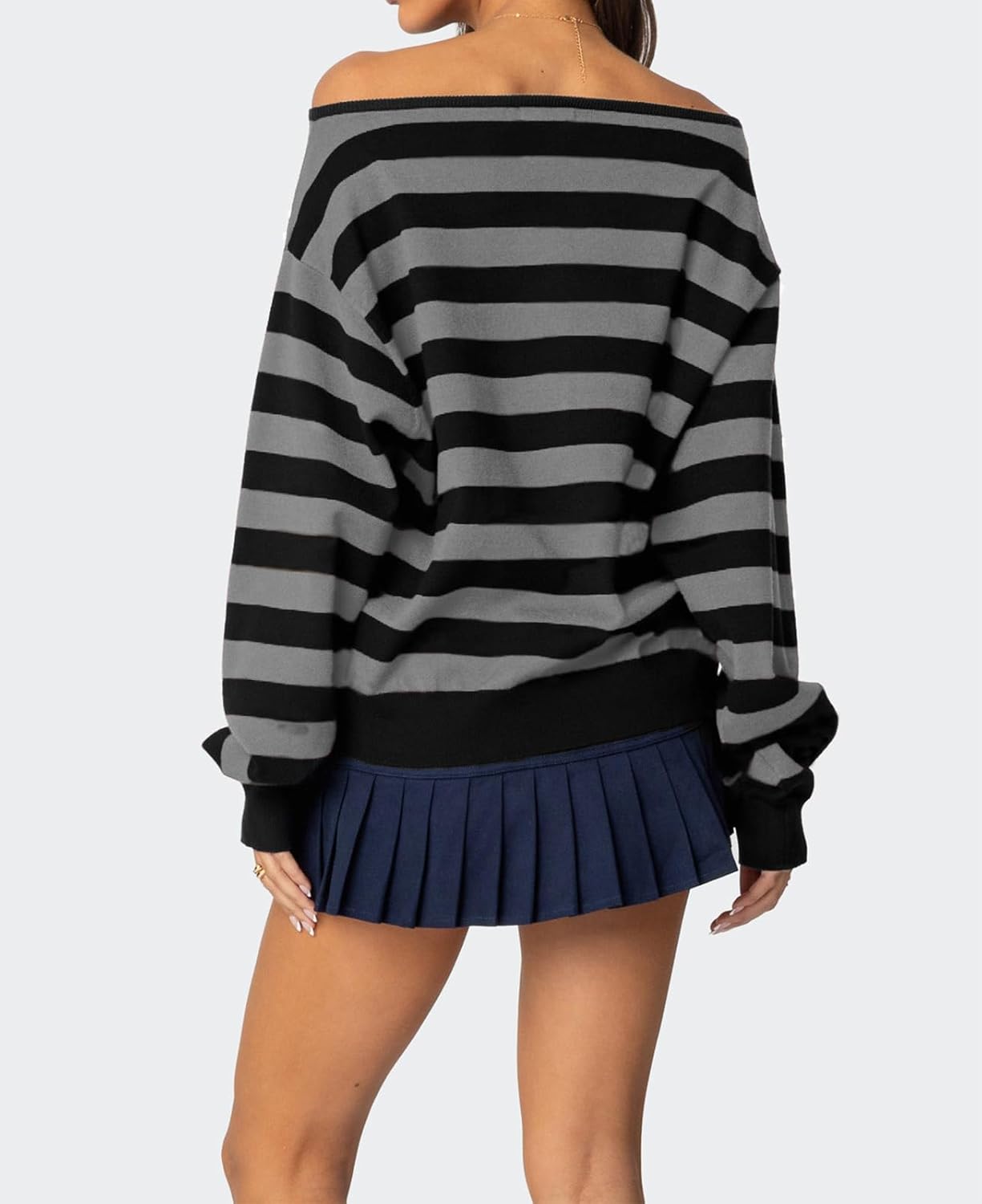 Goth Stripe Off Shoulder Sweater Pullover for Women Y2K Grunge Oversized Knit Top Harajuku Knitwear Emo Clothes - Image 3