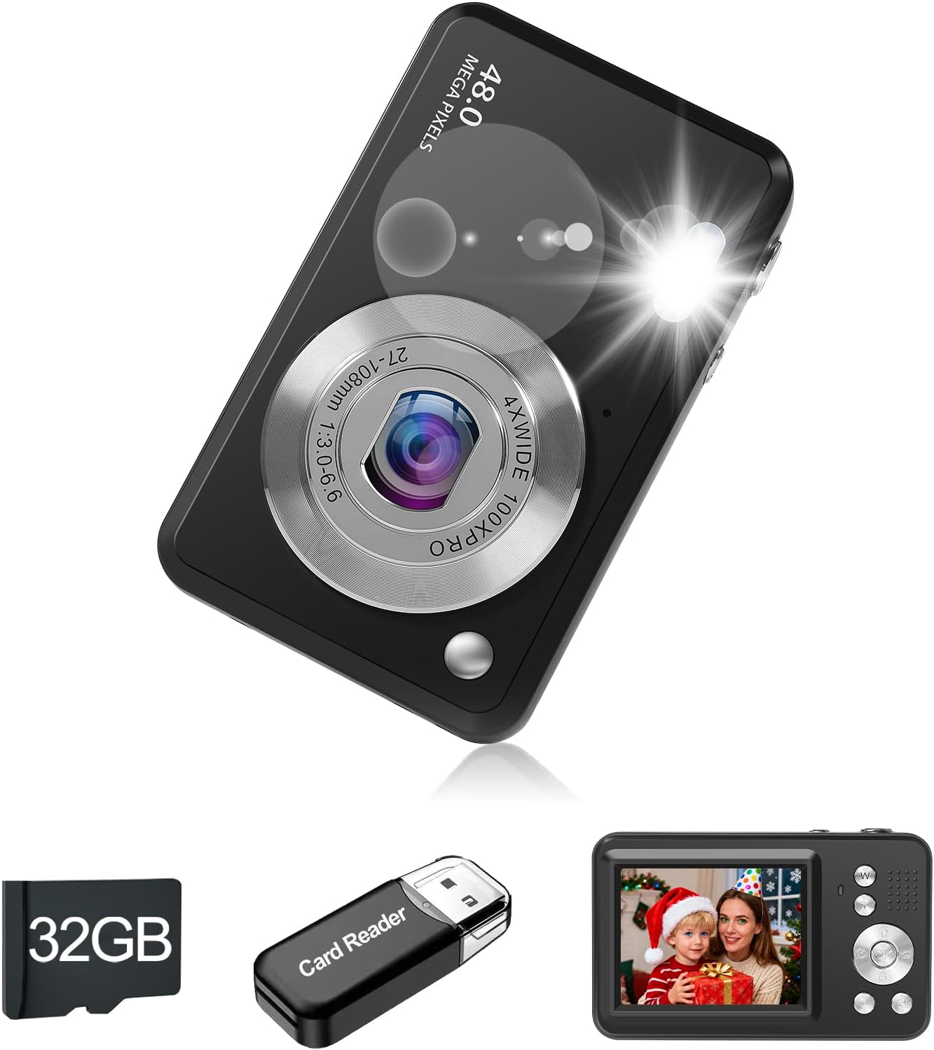 Digital Camera, 1080P HD Compact Portable Vlogging Camera with 32GB Memory Card, Long Battery Life Digital Cameras, for Children Boys Girls(Black)