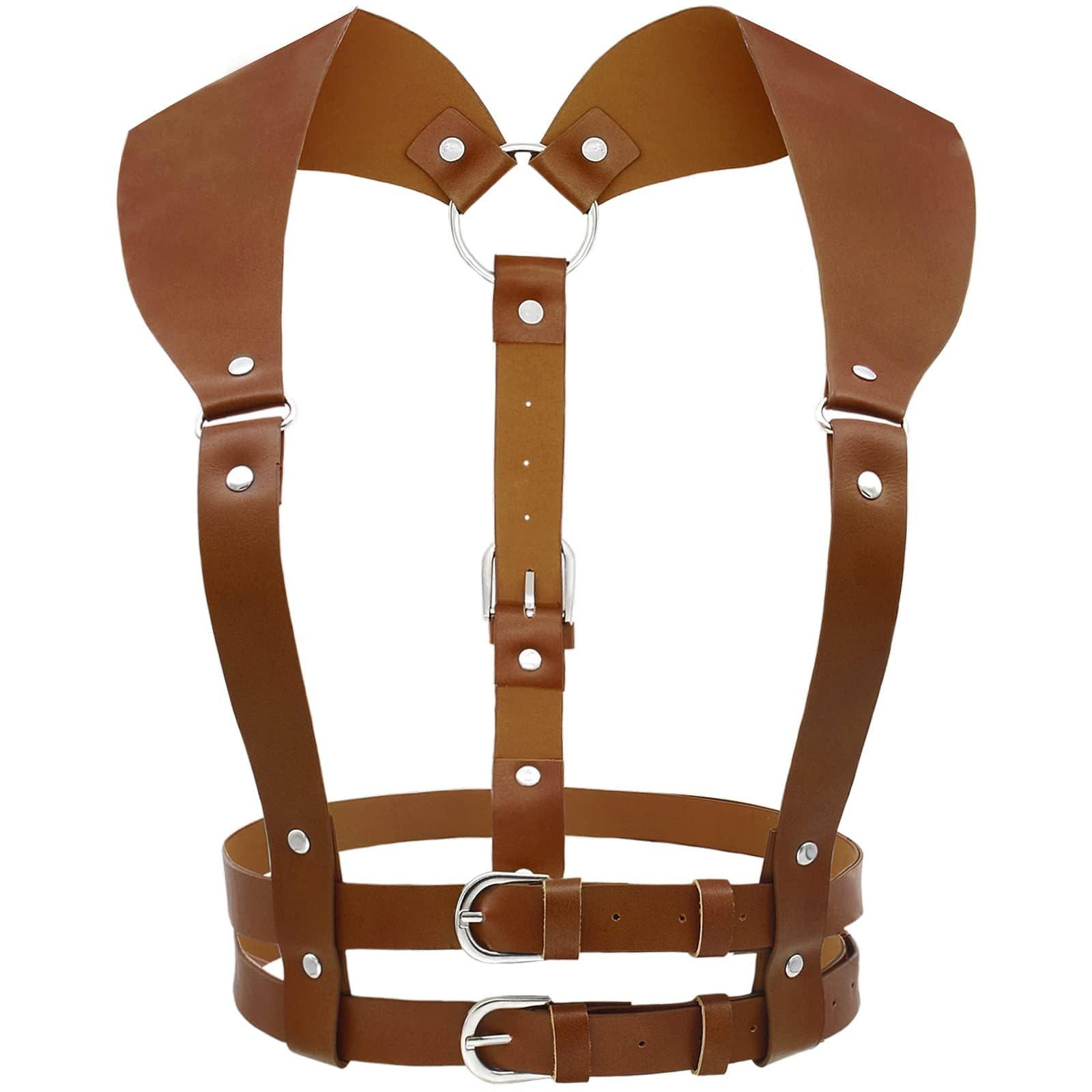TERRIFI Punk Waist Harness Belt, Gothic Rock Belt with Buckles, Adjustable Vintage PU Leather Body Belts, Suitable for Women Girls Cosplay Party Rave Costume (Brown)