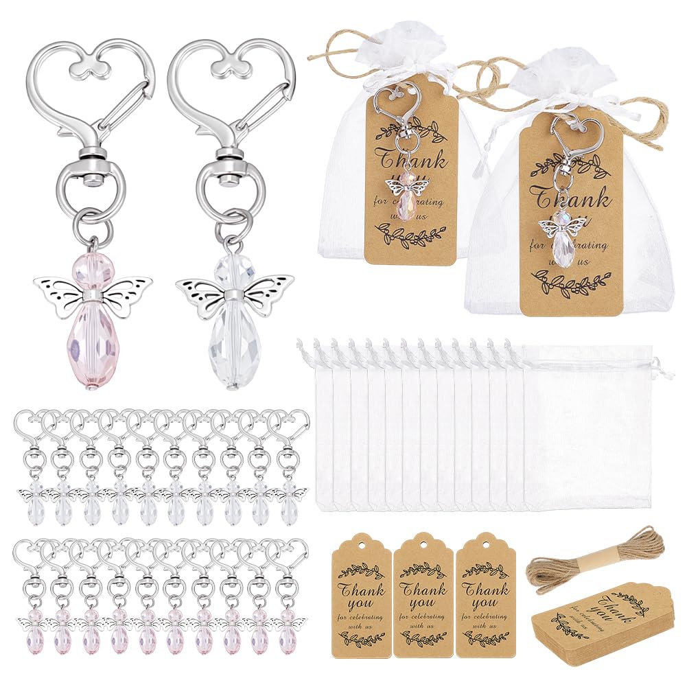 PH PandaHall 40 Set Portachiavi Angelo Bomboniere Ciondoli Angelo Rosa e Bianco con Etichette Sacchetto di Organza con Coulisse Regali per Matrimonio Compleanno Battesimo Souvenir Natale