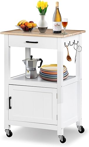 Isla de cocina con ruedas giratorias con cajón, armario de almacenamiento con 3 ganchos laterales para comedor, color blanco