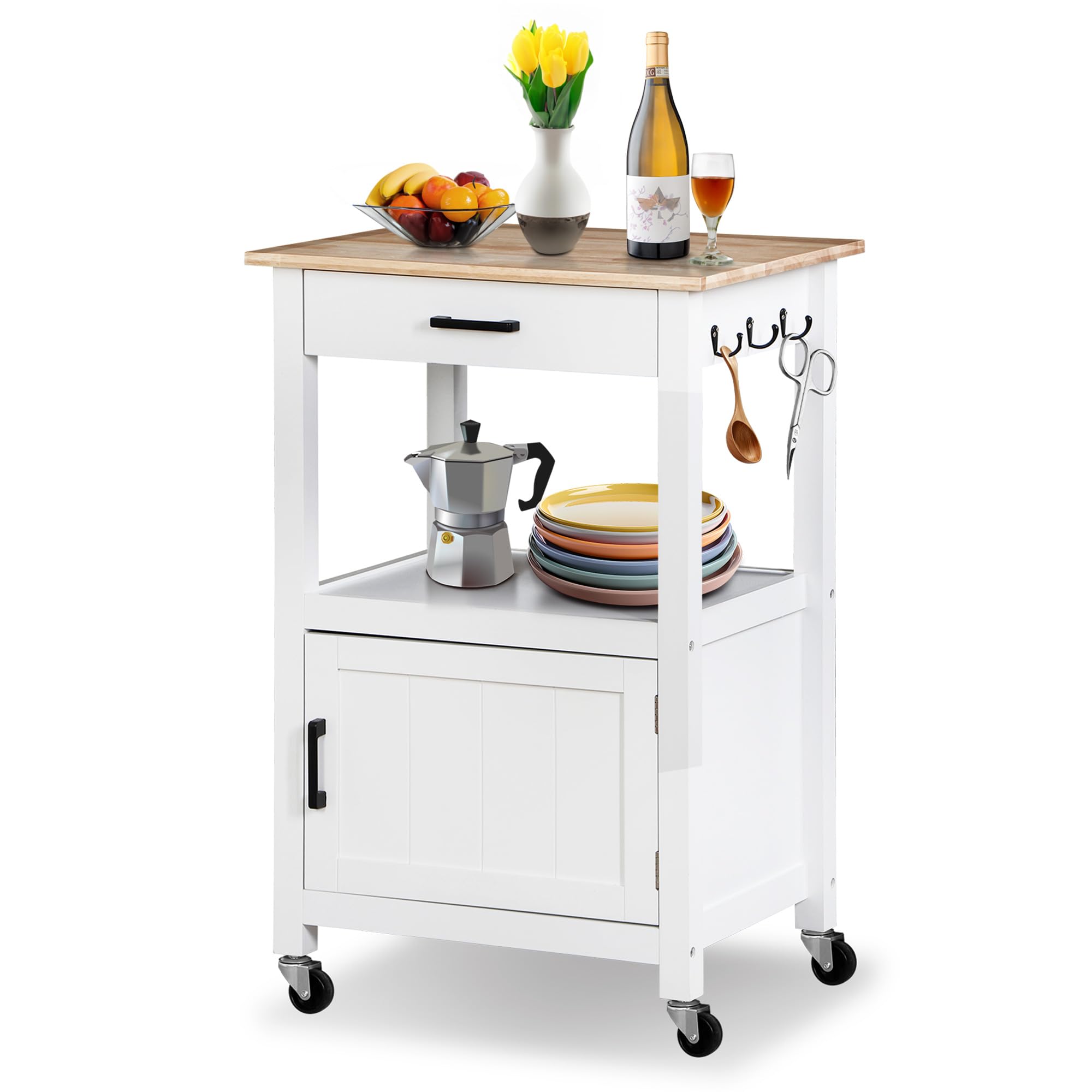 HomGarden Kitchen Island Cart with Solid Wood Top, Rolling Kitchen Table on Wheels with Storage Cabinet, Drawer, 3 Side Hooks for Dining Room, RV,