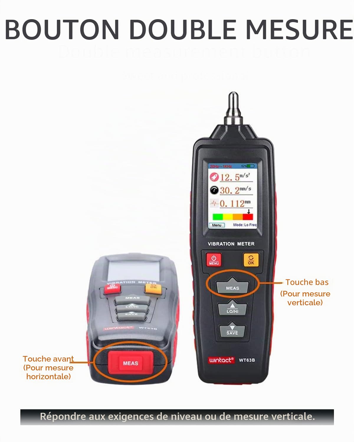 Wintact Testeur de vibration mécanique numérique portable, 0,01 ~ 199,9 mm/s, analyseur de vibrations mécanique, jauge de testeur, accélération, vitesse, mesure de déplacement pour CVC, moteurs,