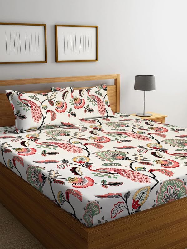 DECOREZA 300 Tc Cotton Feel Glace Cotton Elastic Fitted Printed King Size Double Bed Bedsheet With 2 Pillow Covers And Fits Upto 8 Inches Mattress (Beige Anokhi, King Size 78 X 72 Inch)