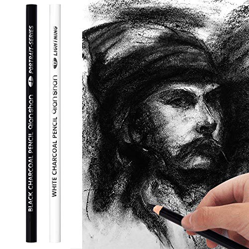 qianshan 2 Pcs Black White Color Charcoal Pencils, Professional Hight Quality Sketch Highlight Charcoal Wooden Pencils for Artist Drawing, Sketching, Blending, 2 Colors of 1 Black, 1White