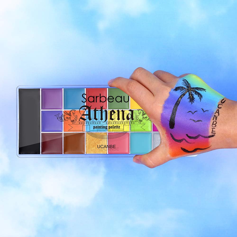 SarbeauUCANBE 20 Color Athena Face Body Paint Oil - Large Pan Black & White, Professional Non Toxic SFX Makeup Palette, Hypoallergenic Face Painting Pallet for Art, Theater, Halloween, Parties and