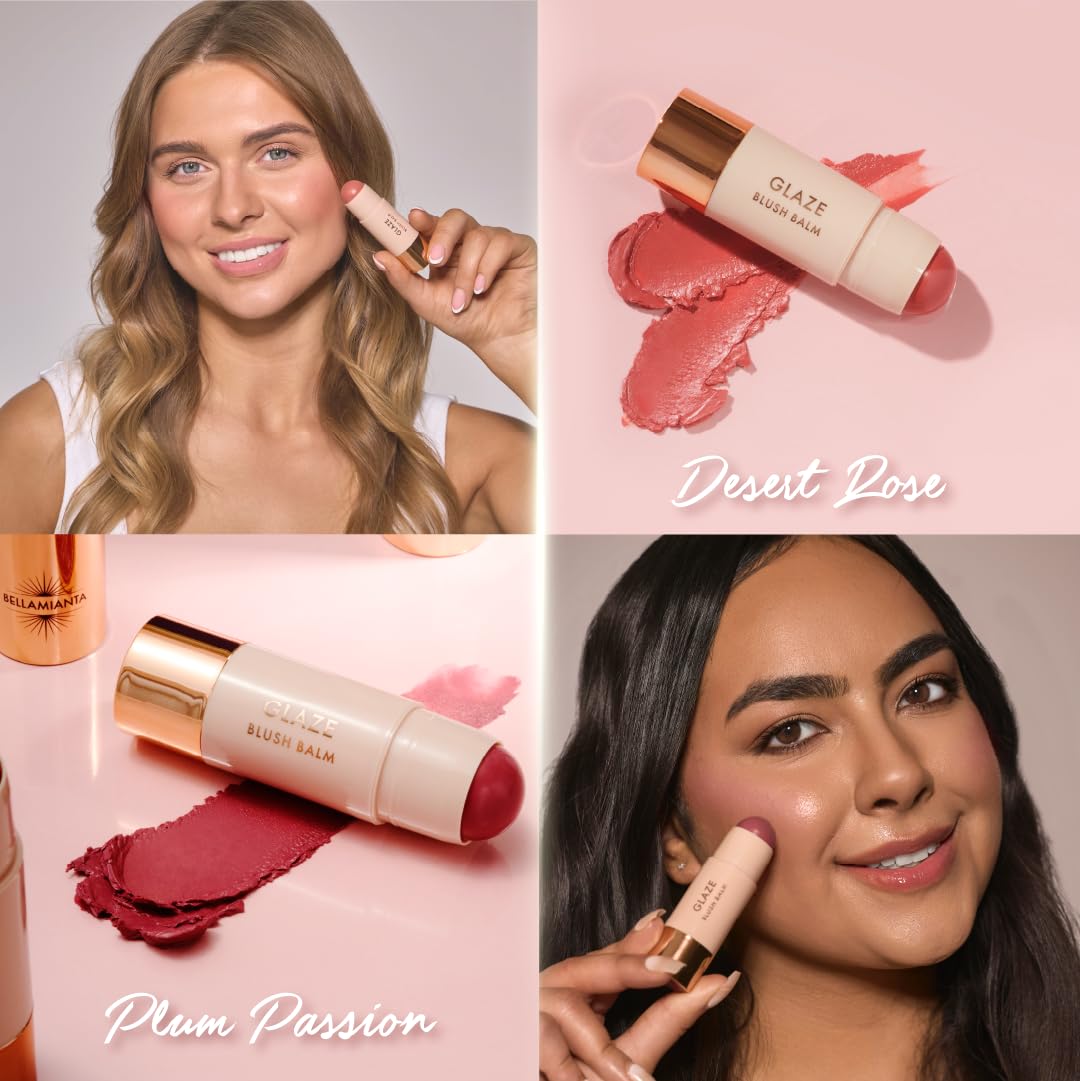 Bellamianta Glaze Blush & Glow Balm, baume brillant, 5 g, multi-usage pour les joues, les lèvres et les yeux, blush, ingrédients qui aiment la peau, beurre de karité et huile d'avocat (rose du désert)