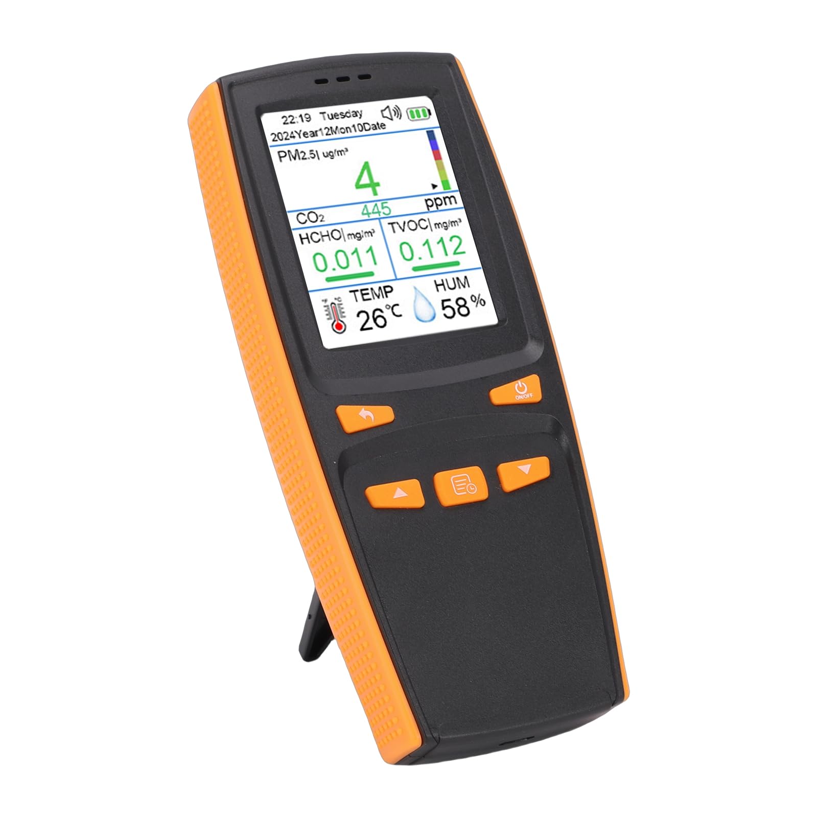 SEAFRONT Rilevatore di qualità Dell'aria con Supporto, Misuratore D'aria Interno Multifunzionale, Tester CO2 PM1.0 PM2.5 PM10 in Tempo Reale per Uso Domestico Batteria da 1500 MAh