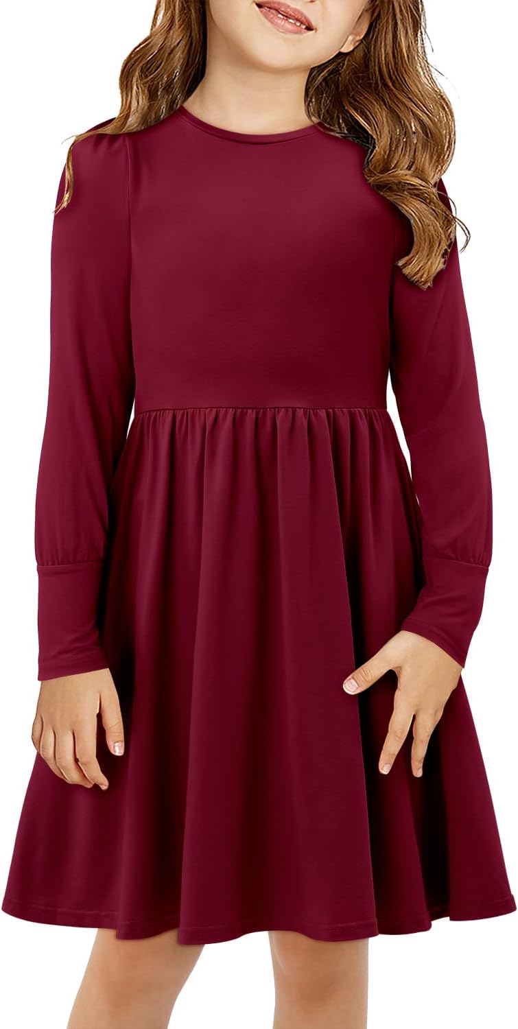 Yoklass Girls Casual Long Sleeve Dress A Line Flowy Swing Dresses with Pockets 4-13 Years