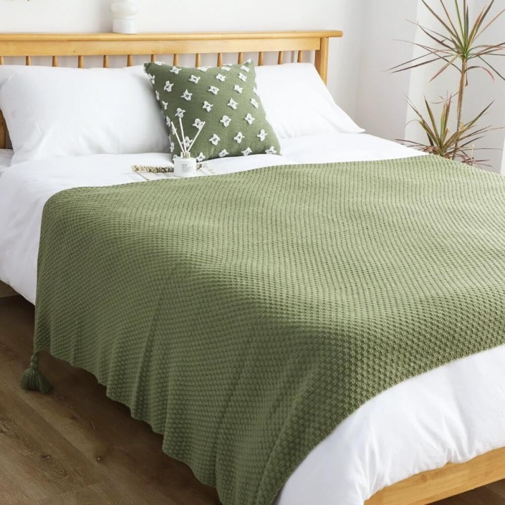 Janemua Green Cotton Linen Bed Runner With Fringe, King/Queen, Soft Vintage Bedspread Throw, For Bedroom Sofa Hotel Decor Scarf-||80 * 230Cm For 1.5-1.8M Bed