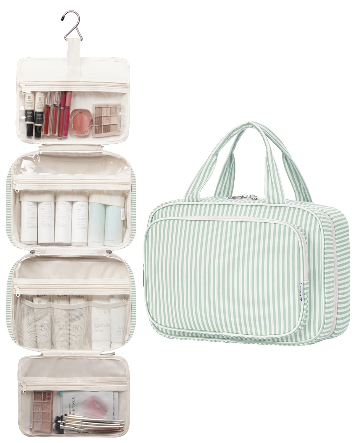 Narwey Large Hanging Travel Toiletry Bag for Women Wash Bag Cosmetics Makeup Bag Organizer for Full Size Accessories (Mint Green Stripe (Large)) - 3
