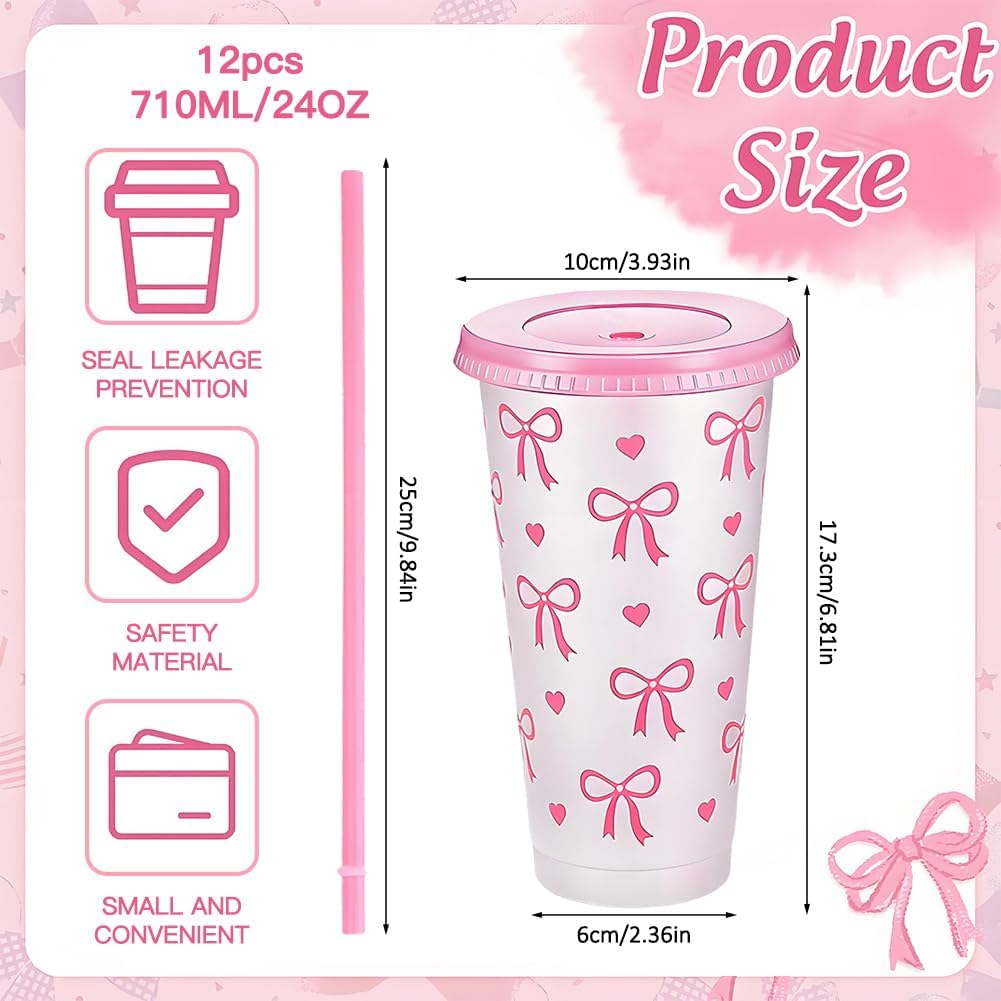 12 Bicchieri con Fiocco Rosa 700ml con Coperchio e Cannuccia – Bicchieri Riutilizzabili per Feste, Addii al Nubilato, Matrimoni, Ufficio
