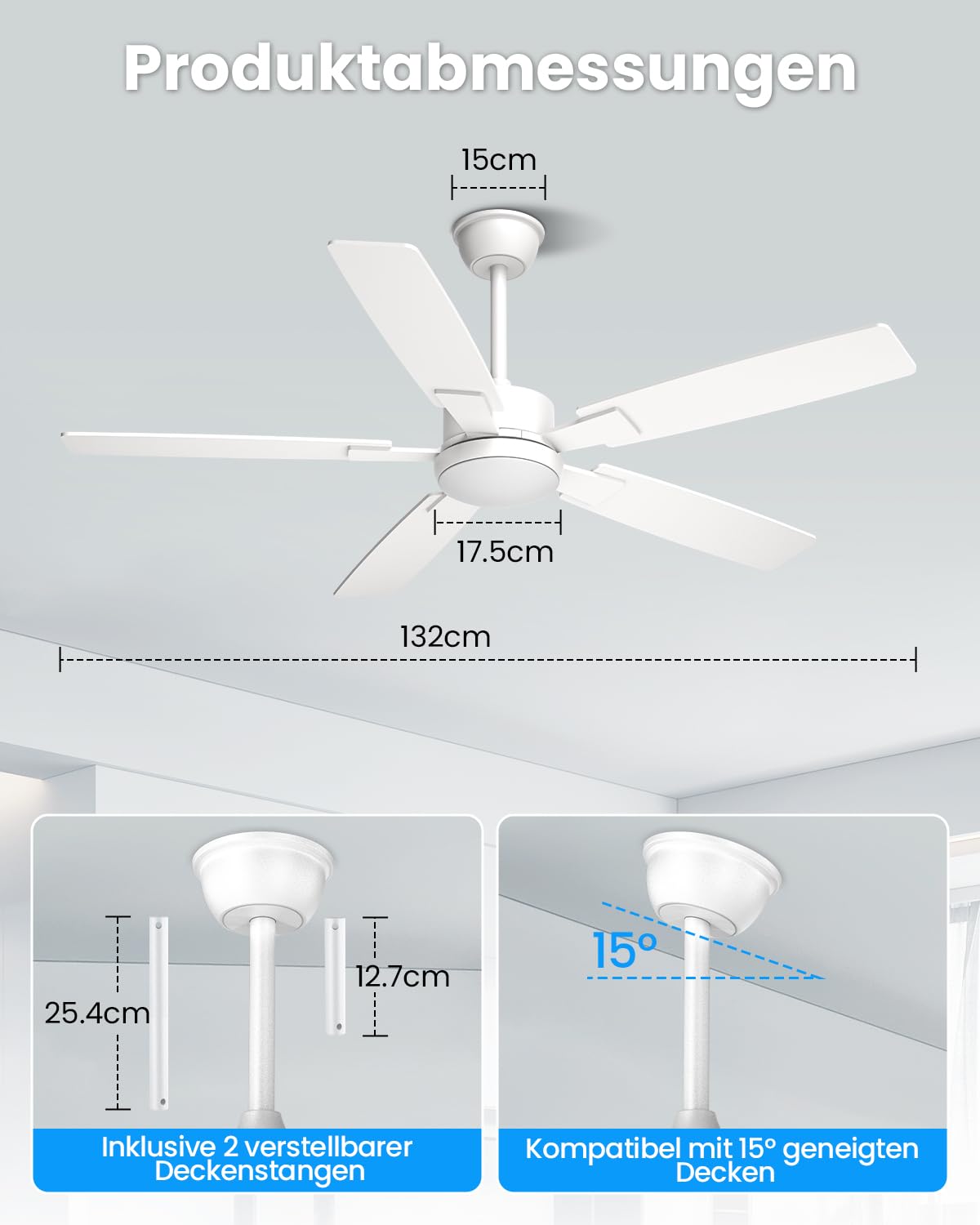 Deckenventilator mit Beleuchtung 132cm Fernbedienung Leise Umdrehbare Flügel 2 Farben Wohnzimmer Schlafzimmer