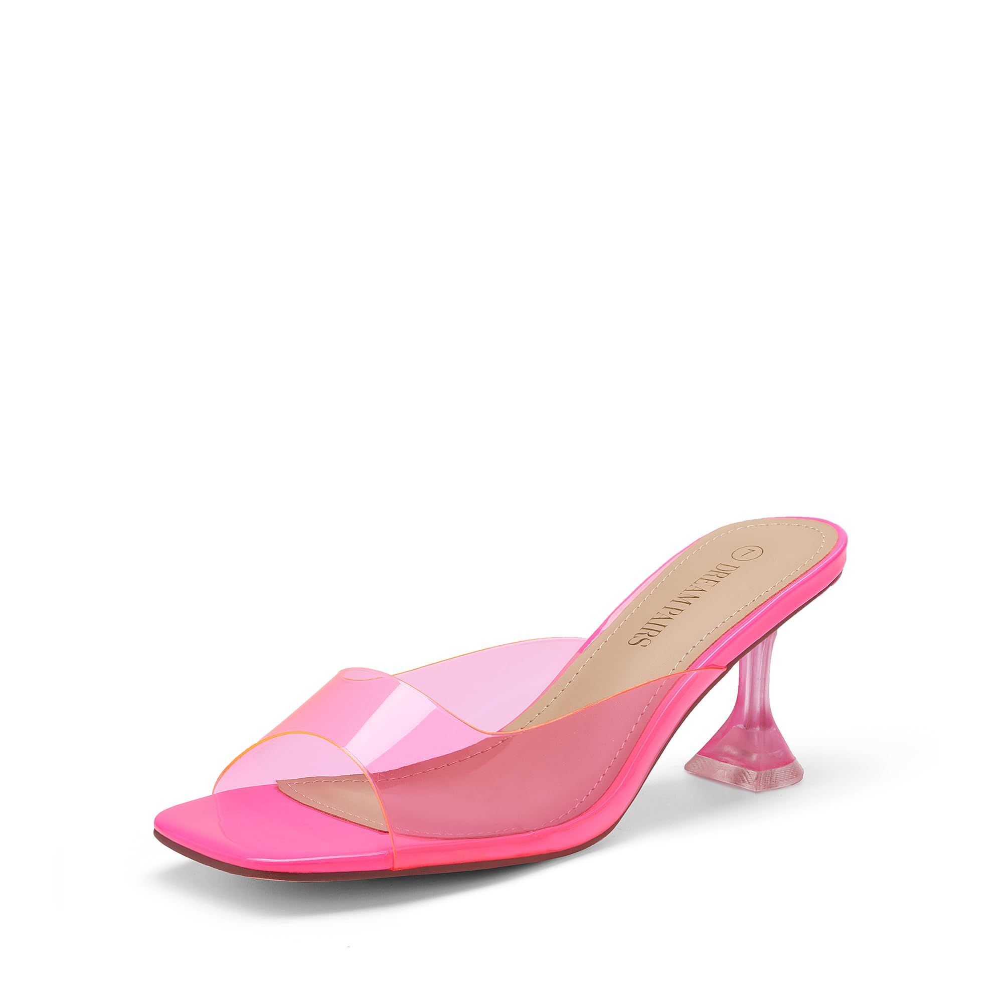 DREAM PAIRS Women s Clear Heels Square Toe High Stiletto Mules Slip on  Wedding Dress Heel Sandals, Neon Pink Clear,