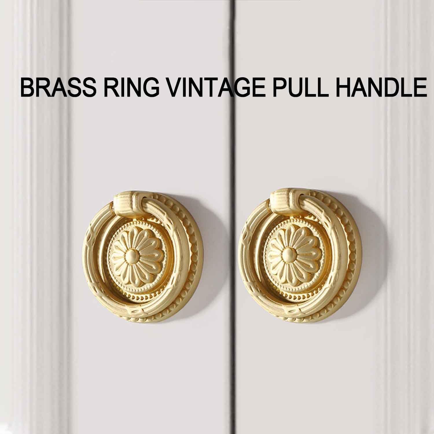 Ring Drawer Knobs, Brass Retro Vintage Flower Pattern Brass Cabinet Knobs Dresser Cabinet Pull Ring Gold Cabinet Cupboard Knob for Dresser Drawers Single Hole Knob (2PCS)