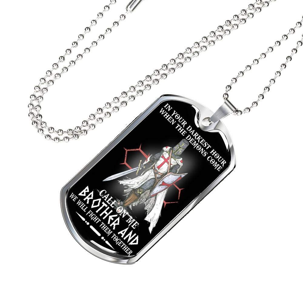 Personalized Brother Dog Tag Necklace Chain Knight Armor Combat - Stainless Steel Silver Classic Stylish Military Army - Cool Birthday Gift For Men, Military Veteran USA Flag Marine Navy Force