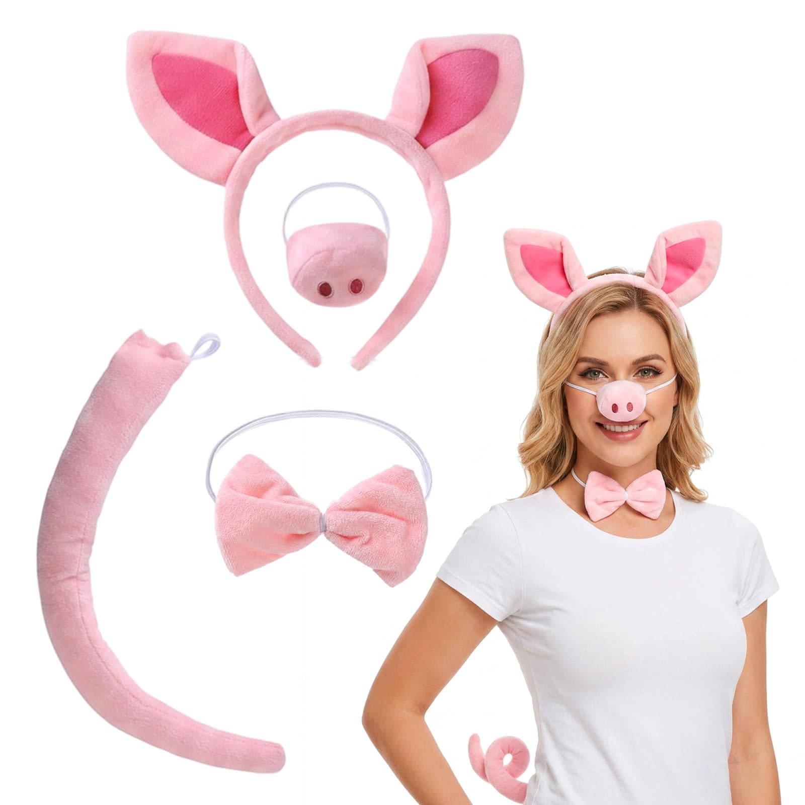 Pig Costume Set, Pink Pig Ears Headband Nose Tail Bow Tie
