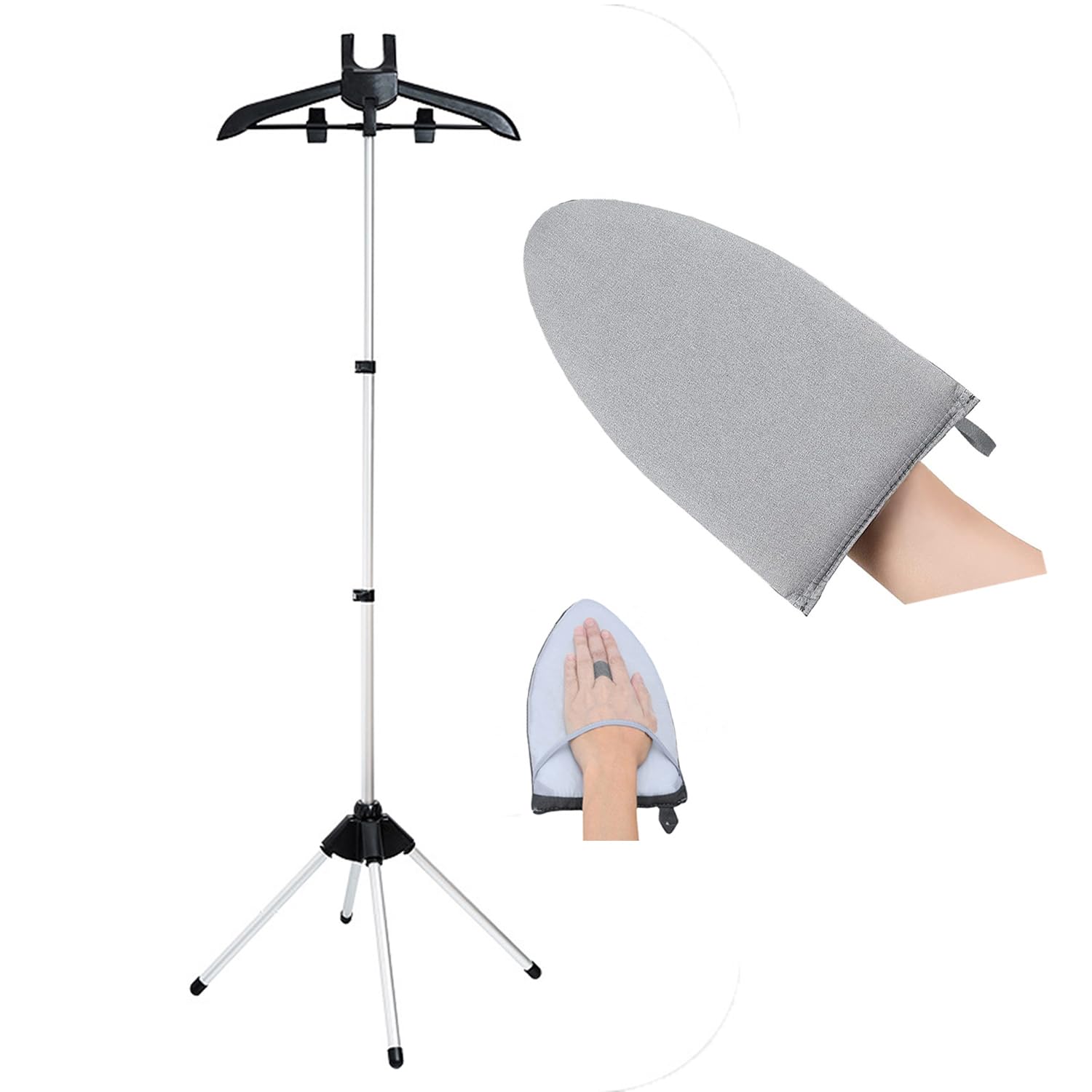 Clothes Steamer Stand Hanger with Steamer Ironing Glove for Steaming Clothes, Handheld Garment Steamer Rack with Grey Mini Handhelded Ironing Pad Board
