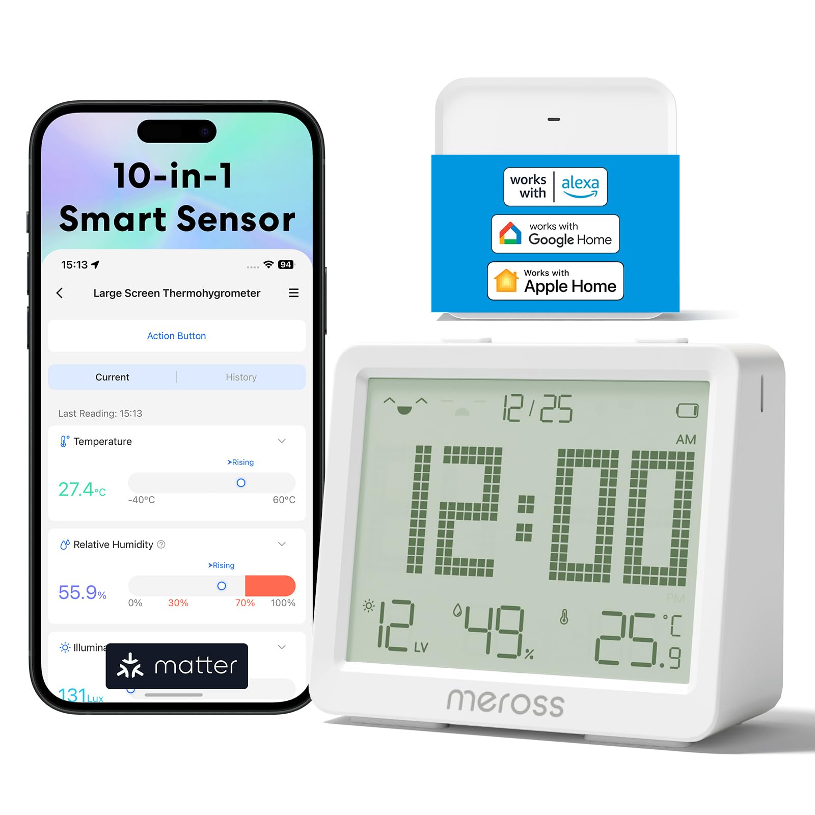 Meross WiFi Inteligentny termometr higrometr z dużym wyświetlaczem, WiFi czujnik temperatury wilgotności obsługuje alerty i powiadomienia, kompatybilny z Matter, Apple HomeKit, Alexa i Google Home (z