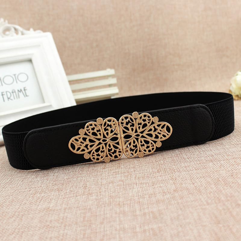 Women's Fashion Elastic Waist Belt with Metal Buckle Stretch Retro Hip Ladies Elegant Dress Belt