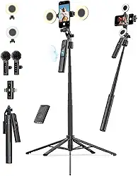 USKEYVISION Kit de vlogging para iPhone, kit inicial do YouTube para criadores de conteúdo com microfone de lapela sem fio, tripé de telefone com rastreamento automático de rosto rotação 360 com luzes