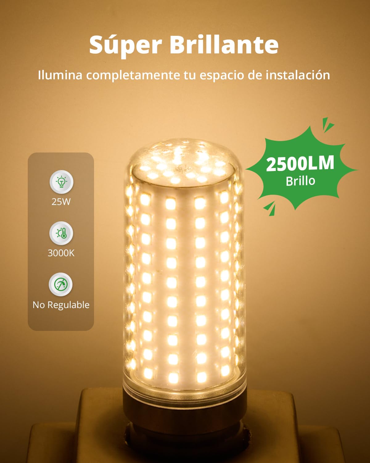 HOMEOW Bombilla LED E27 Luz Calida 3000K, 25W 2500LM, Equivalente a Bombillas Tradicional de 200W, Lampadas E27 Maiz Led Ahorro de Energía, No Regulable, AC 220-240V, Pack 4