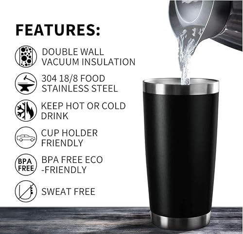 Miniatura 2 de LUMMINI Taza de café aislada con tapa, vasos de acero inoxidable de 20 onzas, vasos aislados, taza de café de viaje, regalo para todos (blanco)