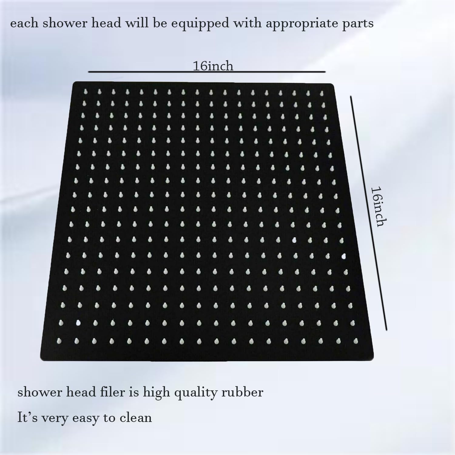Soffione doccia a pioggia da 40,6 cm, ad alta pressione, quadrato, in acciaio inox, con ugello in silicone, copertura completa del corpo, ultra sottile, a risparmio idrico, nero