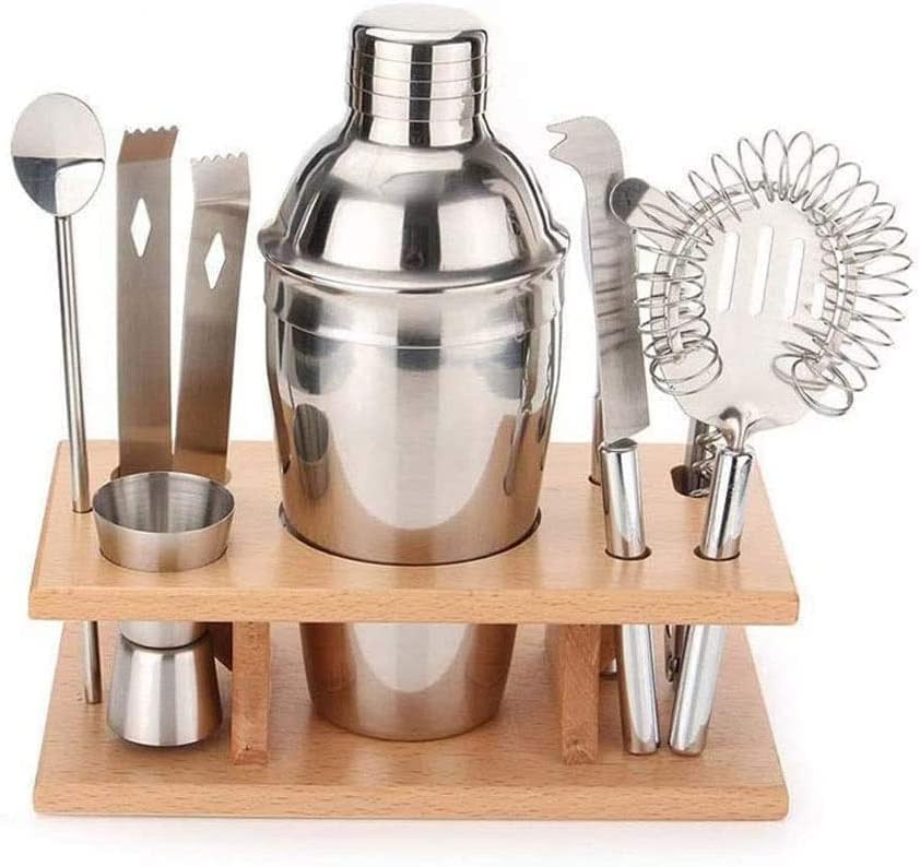 ONOTEC Juego de coctelera de 9 piezas con soporte de bambú, regalos para hombres, papá, abuelo, kit de barman de acero inoxidable, juego de