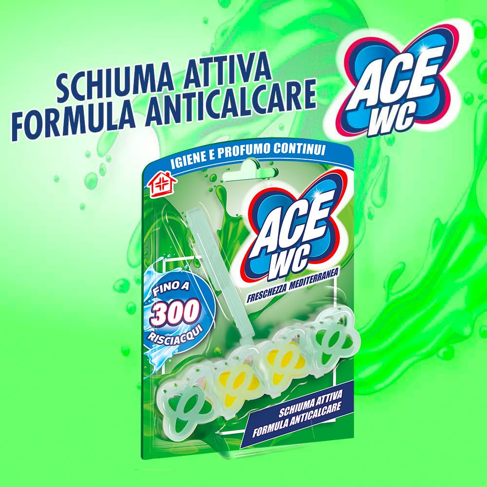 ACE Tavoletta WC Freschezza Mediterranea Anticalcare – Detergente WC con Schiuma Attiva, Profumo Agrumato, Igiene e Pulizia Continua del WC fino a 300 Risciacqui, Confezione da 12 pezzi