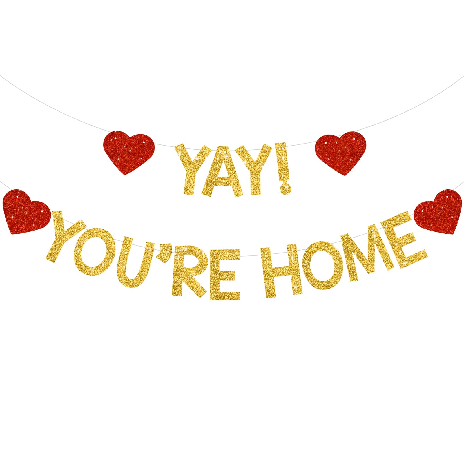 DecoGlee Gold Glitter Yay! You're Home! Banner With Heart,NO DIY,Welcome Home Party Decorations Family Gathering Sign Back to School Events Garland Funny Military Homecoming Party Supplies
