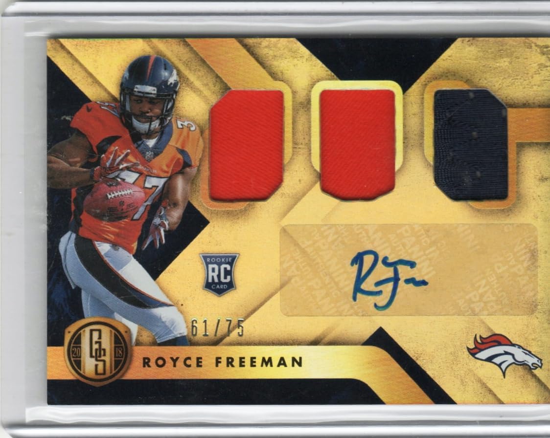 Royce Freeman Autograph Memorabilia Triple Patch Authentic Jersey Player Worn Relic Serial Numbered 61/75 Collectible Football Card - 2018 Gold Standard Football Card #293 (Broncos)
