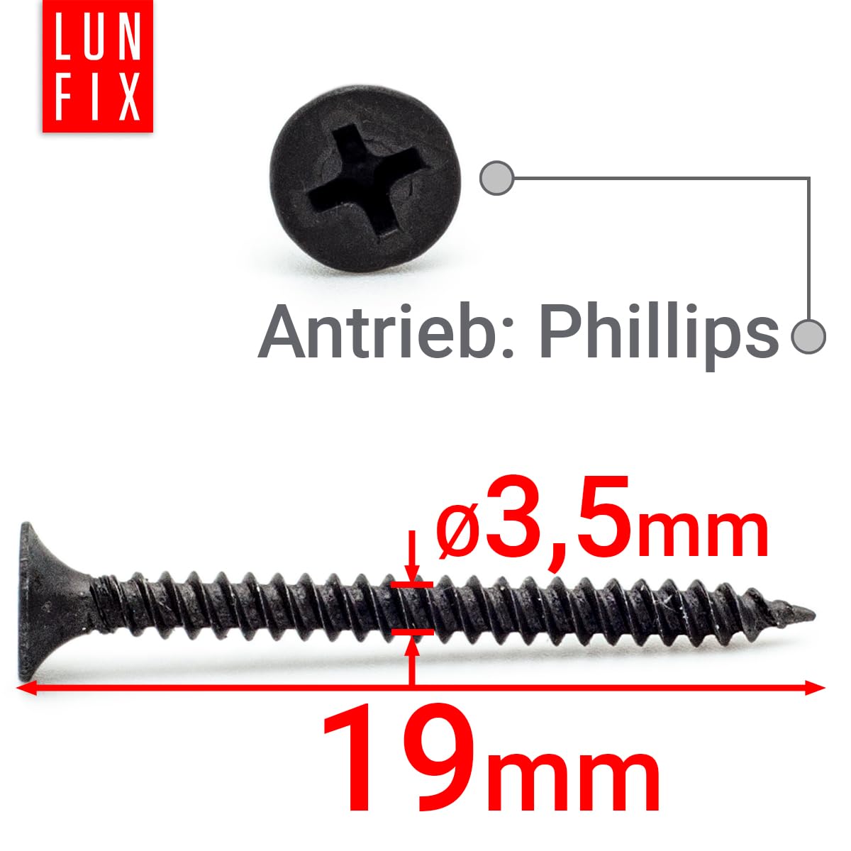Viti Per Cartongesso 3,5x19 Mm, 1000 Pezzi, Autofilettanti PH2, Testa Svasata, Filettatura Fine, Fosfato Nero Lun Fix