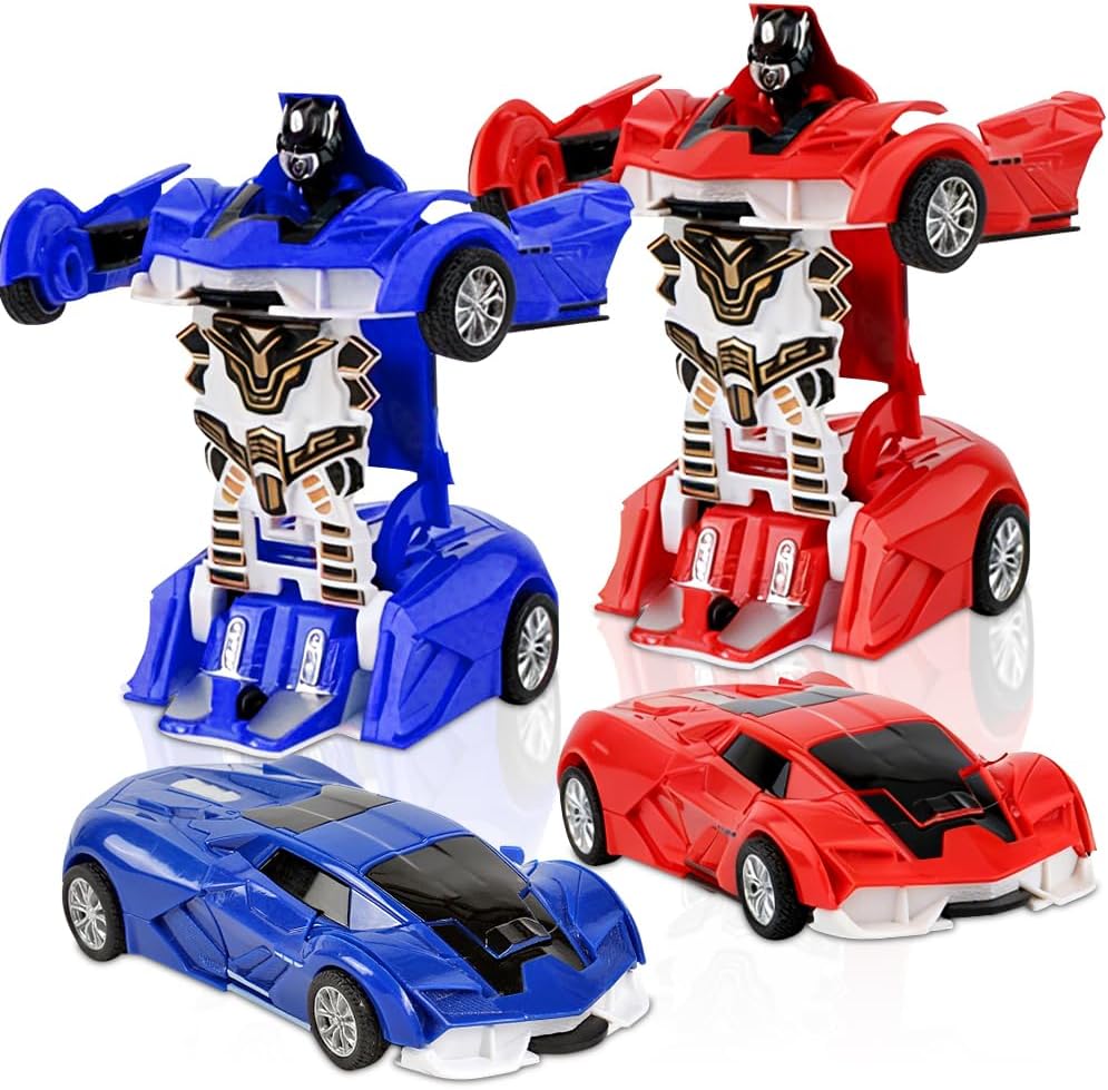 Transforming Robot Car, 2 PCS Collision Transforming Cars, Transform Toys, 2 in 1 Robot Car Toy 360°Rotating, Educational Robots Toy, Birthday Gift (Red and Blue)