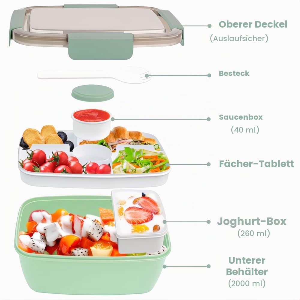 Bugucat Lunchbox Erwachsene 2000ML 2 Set,Auslaufsichere Brotdose Bento Box mit Fächern für Kinder,Salatbehälter Salatbox to Go mit Gabel,Brotdose Frühstücksbox für Schule