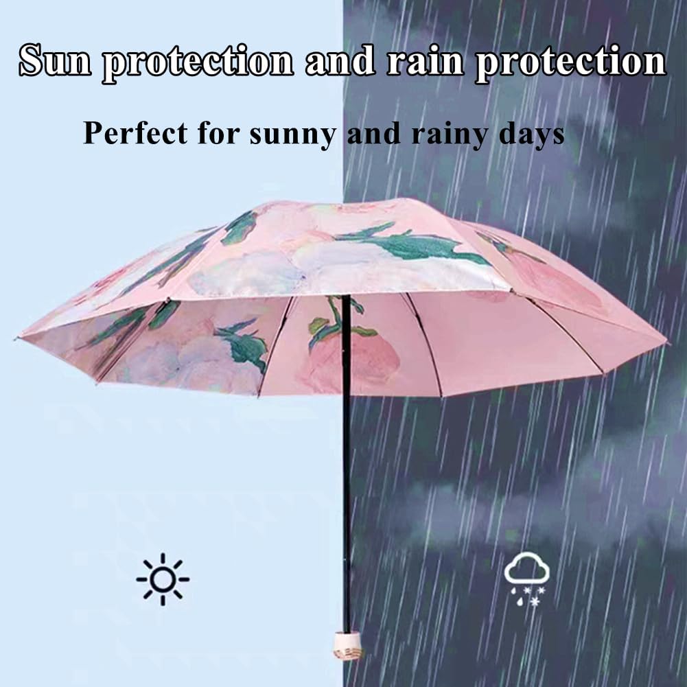 Dual-use Elegant Manual Compact Travel Folding Umbrella For Rain Wind and Sun, Double-sided Printed Oil Painting Floral Umbrella UV Ultraviolet Protection UPF50+ - Image 3