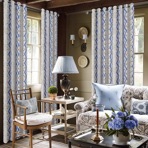 Image of XiDi 100% Blackout Blue Boho Curtains for Bedroom 84 Inches Long 2 Panels Thermal Insulated Mid Century Modern Farmhouse Blue Geometric Curtains for Living Room Grommet Window Drapes, 52Wx84L