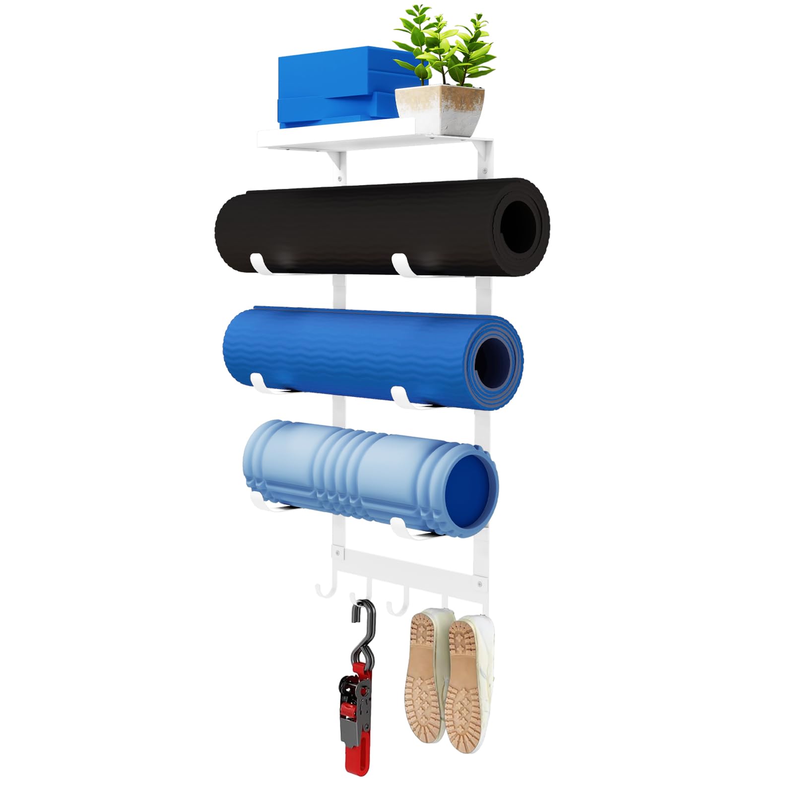 Photo 1 of LSK Yoga Mat Holder Wall Mount, White Yoga Mats Storage Rack, Home Gym Storage with Metal Floating Shelf for Storing Fitness, Yoga Mat Rack with 5 Hooks for Hanging Foam Rollers and Resistance Bands