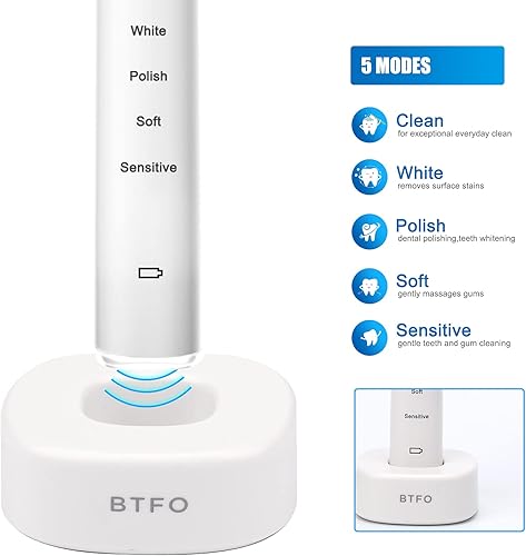 Miniatura 3 de BTFO Cepillo de dientes eléctrico sónico con 5 modos, 2 cabezales de cepillo de repuesto recargables por USB, cepillo de dientes electrónico
