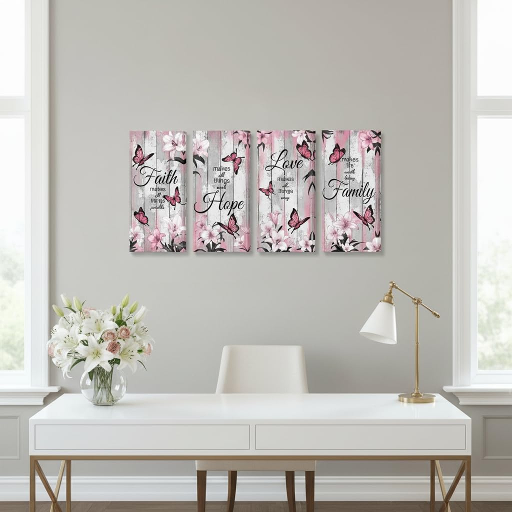 NutArtPic Faith Hope Family Love Canvas Wall Art, Pink Butterfly Floral Prints, 4 Panel Farmhouse Decor 6''x12''x4pcs (pink)