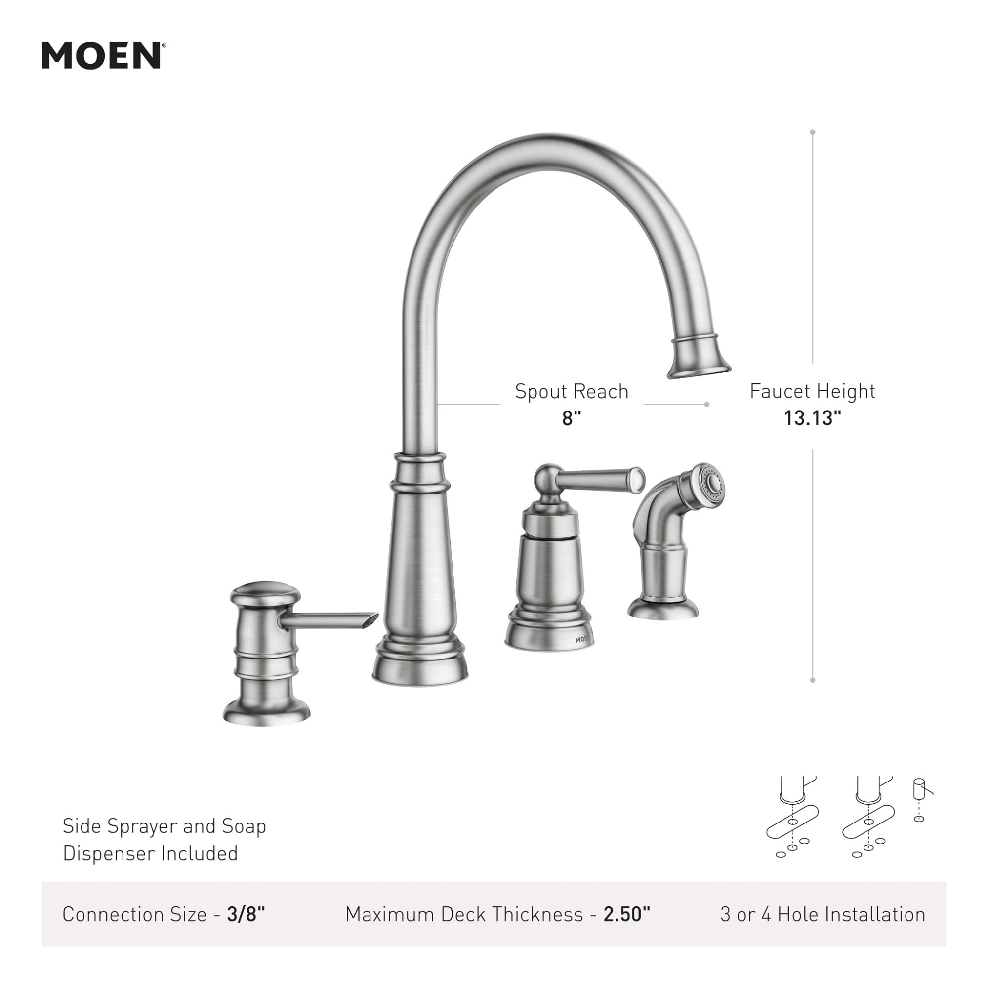 Moen 87042SRS Edison One-Handle High Arc Kitchen Faucet with Side