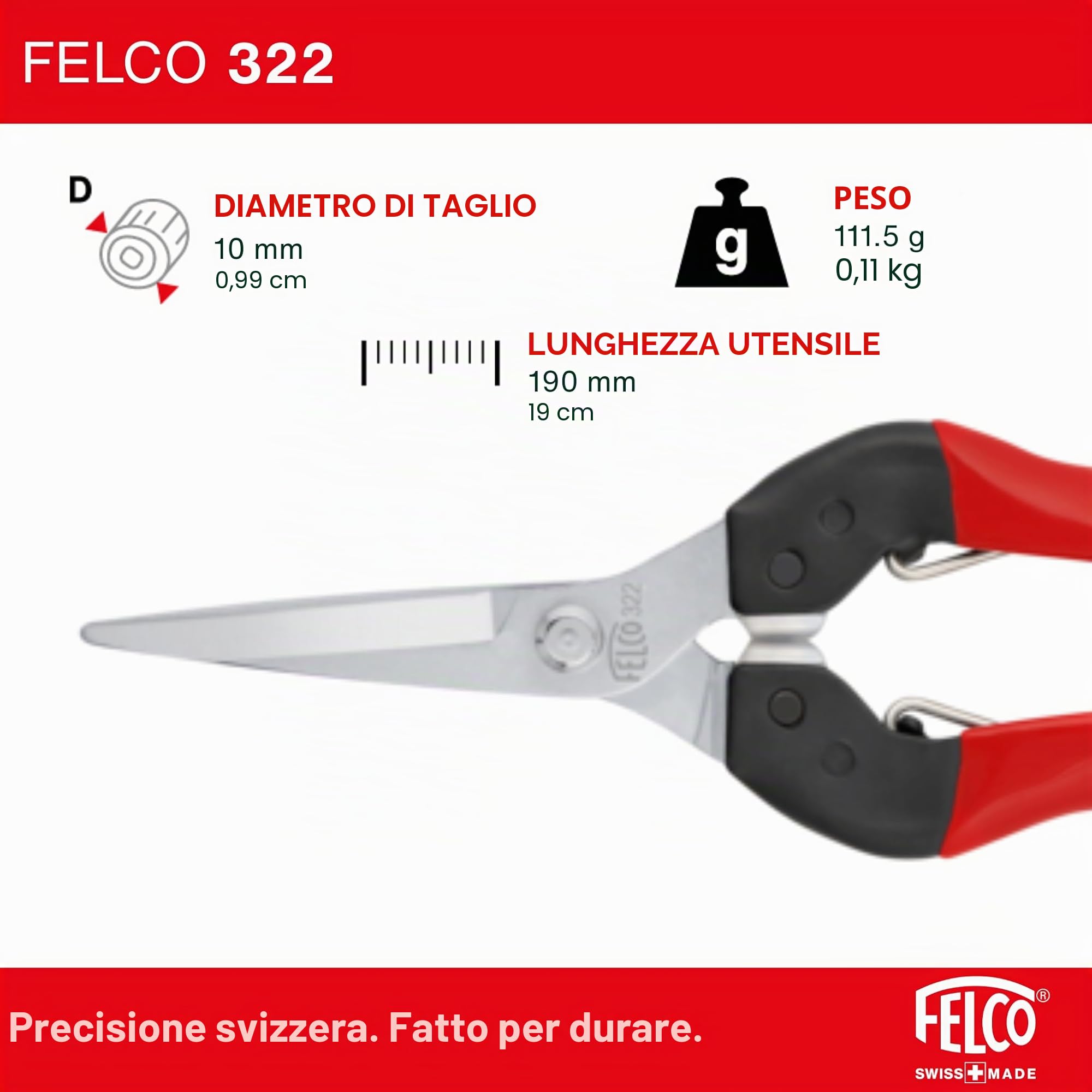 FELCO 322 cesoia da raccolta a lungo raggio, lama cromata 46 mm, taglio 10 mm, manici in acciaio ergonomici, ammortizzatori in poliuretano, utensile leggero 190 mm