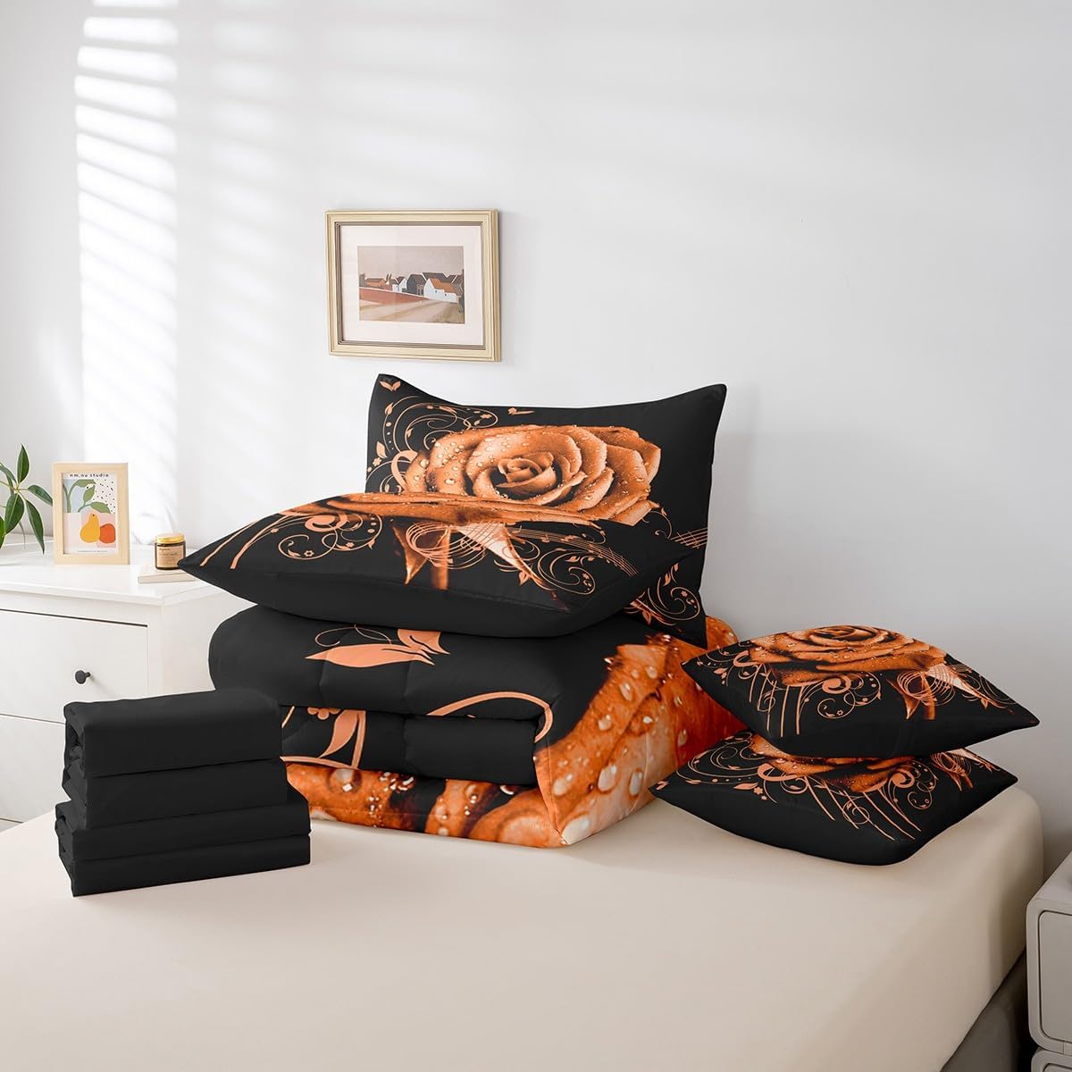 Feelyou Orange Rose Floral Bedding Set King 7 Pieces Valentine's Day Botanical Comforter Set Music 3D Printed Blossom Flowers Romantic Bed in a Bag with Comforter, Sheets, Pillowcases & Cushion Cover